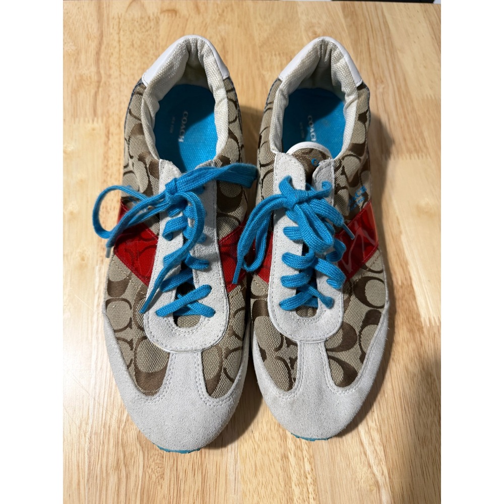 Coach Signature Monogram Suede Patent Leather Sneakers Brown Blue Red 10M